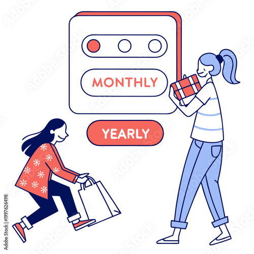 Two women choosing between monthly and yearly subscription plans