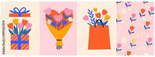 Gift Box Bouquet Floral Illustration Set Mothers Day Flowers Present Cute Decorative Design