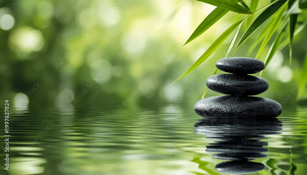 Obraz premium A tranquil stack of black zen stones emerging from calm water with vibrant green bamboo leaves gracefully framing the scene.