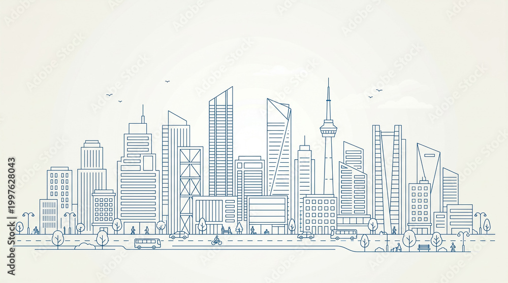 Fototapeta premium A stylized line drawing depicts a modern city skyline featuring numerous skyscrapers and urban elements against a light background.