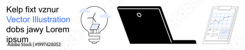 Innovation, technology, progress, business planning, idea generation, productivity. Minimalist icons showing a light bulb, laptop and clipboard with chart data. Innovation and productivity concepts