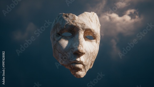 A weathered and cracked stone face mask floats silently in a dark and turbulent cloudy sky with soft natural light highlighting the rough texture
