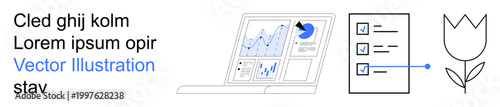 Data analysis, productivity, organization, project planning, workflow management, task prioritization. Laptop displaying graphs, checklist with checkmarks flower diagram. Data analysis