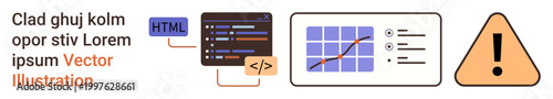 Web development, data visualization, programming, technology education, software design, alert systems. HTML code panel with tags, line graph data warning icon. Web development and data