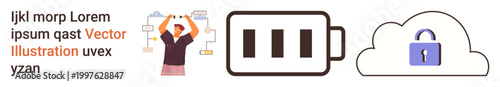 Data management, technology workflow, cloud storage security, energy efficiency, device charging, information systems. Battery icon, lock on cloud person managing data. Data management