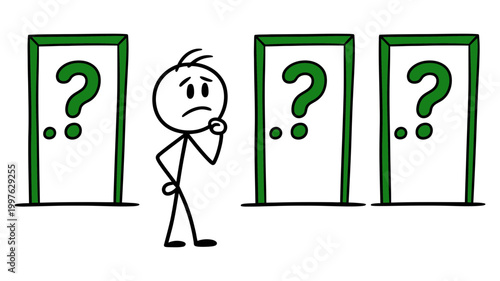 Confused stick figure standing before three doors marked with question marks decision question uncertainty