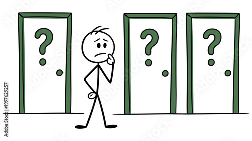 Indecisive stick figure facing three doors with question marks, representing a difficult choice, decision