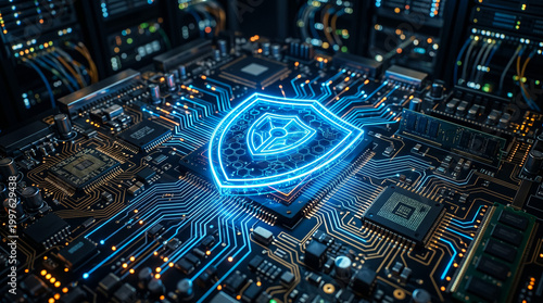 A glowing blue shield symbol is embedded on a complex circuit board, representing digital security.