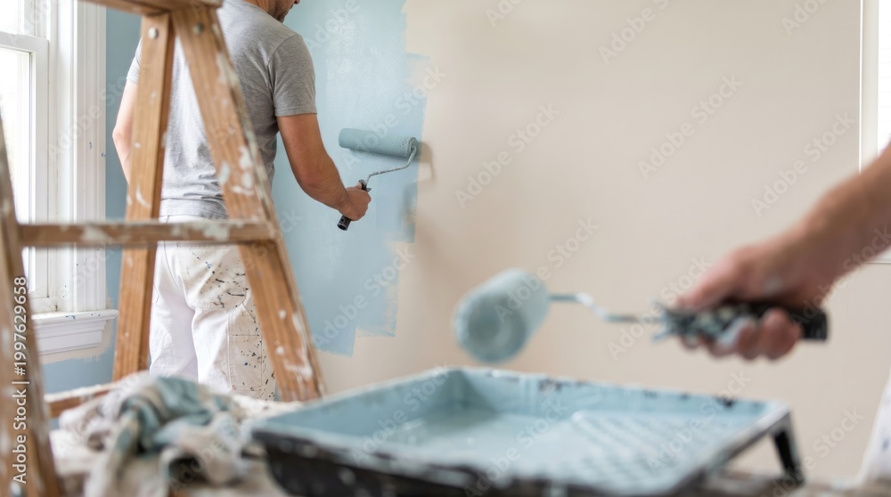 Obraz premium Two people painting a room light blue with paint rollers