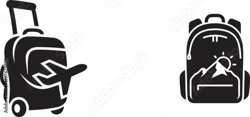 Travel luggage and backpack icons in silhouette on transparent background for global journeys