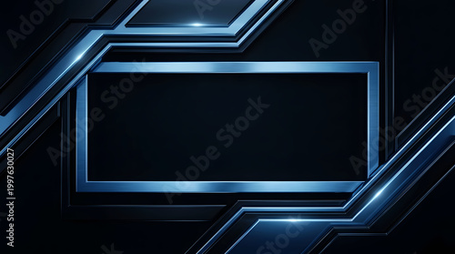 Futuristic dark blue metallic frame on black brushed carbon background with glowing cyan circuit lines and ample central copy space for technology and gaming banner