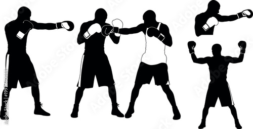 Dynamic boxing silhouettes a series of fighters in action poses