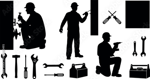 Silhouettes of repairmen and tools a comprehensive set for construction and maintenance