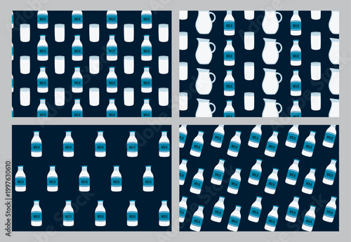 A collection of four seamless vector patterns featuring stylized milk bottles, glass jars, and glasses of milk. Hand-drawn flat illustrations on a dark navy blue background.
