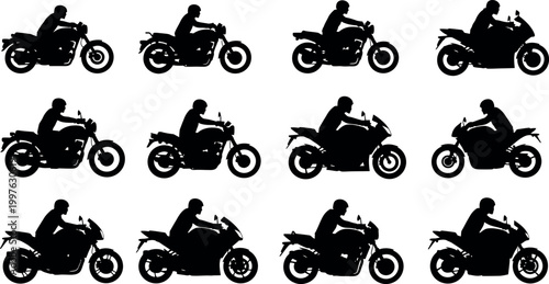 Silhouette collection diverse motorcycle riders in dynamic poses black and white
