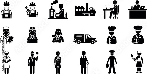 Diverse professions icon set workers in various industries represented in black silhouettes