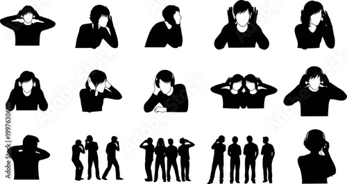 Silhouettes of people covering faces expressions of privacy fear and isolation