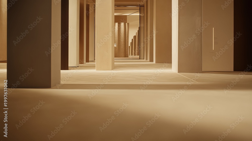 Fototapeta premium Minimalist architectural design creating a clean, geometric perspective with repeating columns in warm beige tones, defining a modern and luxurious interior space