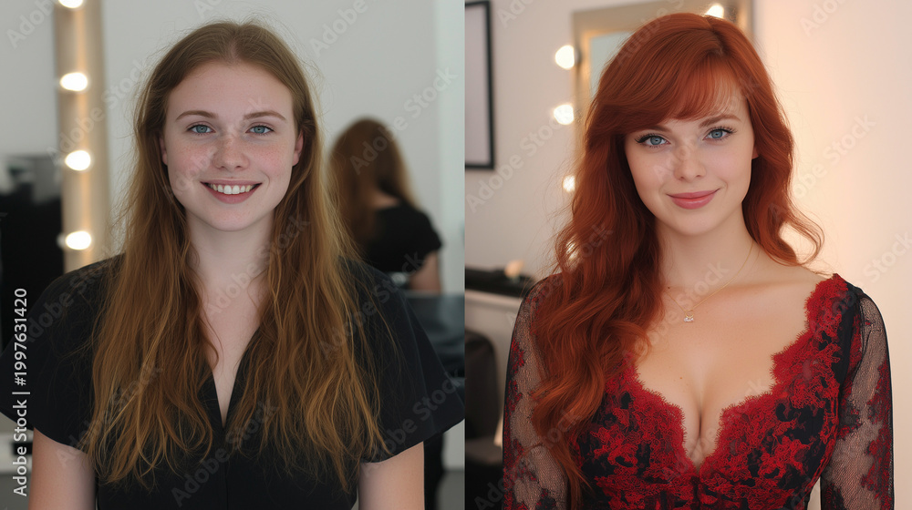 Fototapeta premium A dramatic before and after comparison highlighting a woman's striking hair color and style makeover.