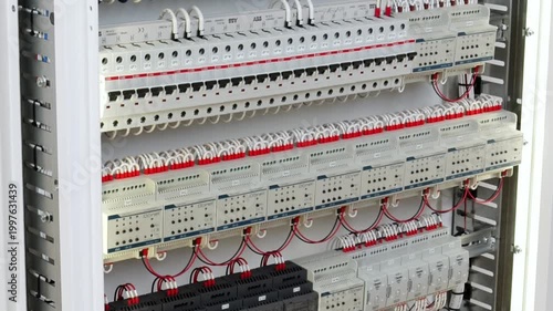 Electrical panel for organizing the power supply of the house on circuit breakers. Close-up. Soft focus. 