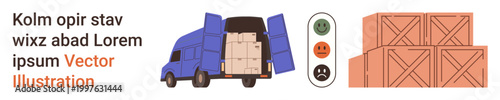 Logistics, transportation, shipping services, delivery reliability, inventory management, cargo tracking. Delivery truck with open doors, cargo boxes and shipping crates. Logistics