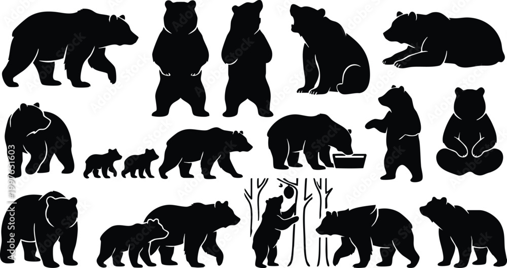 Fototapeta premium Black Bear Silhouette Vector Set – Wild Bear EPS, PNG, Clipart Bundle for Cricut and Design