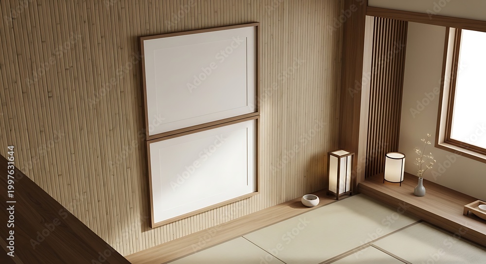 Fototapeta premium Two blank picture frames on bamboo wall in Japanese style interior room