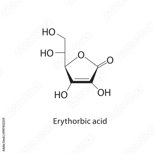 Erythorbic acid skeletal structure. antioxidant compound schematic illustration. Simple diagram, chemical formula.