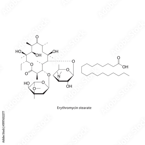 Erythromycin stearate skeletal structure. macrolide antibiotic compound schematic illustration. Simple diagram, chemical formula.