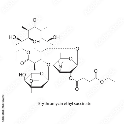 Erythromycin ethyl succinate skeletal structure. macrolide antibiotic compound schematic illustration. Simple diagram, chemical formula.