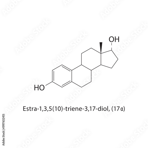 Estra-1,3,5(10)-triene-3,17-diol (17α) skeletal structure. estrogen compound schematic illustration. Simple diagram, chemical formula.