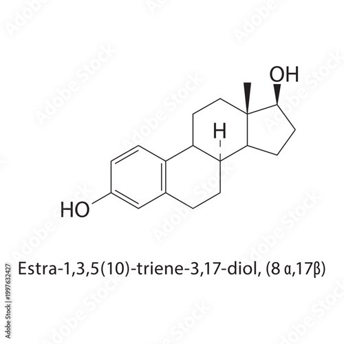 Estra-1,3,5(10)-triene-3,17-diol (8α,17β) skeletal structure. estrogen compound schematic illustration. Simple diagram, chemical formula.