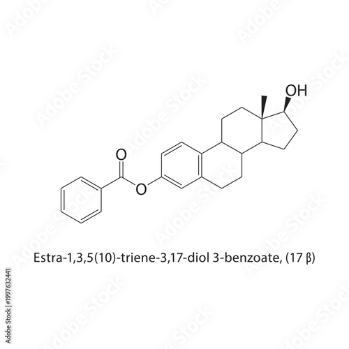 Estra-1,3,5(10)-triene-3,17-diol 3-benzoate (17β) skeletal structure. estrogen compound schematic illustration. Simple diagram, chemical formula.