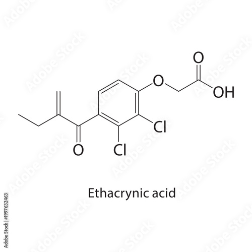 Ethacrynic acid skeletal structure. diuretic compound schematic illustration. Simple diagram, chemical formula.