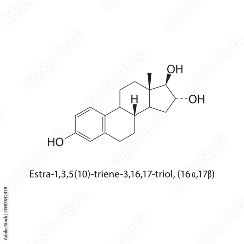Estra-1,3,5(10)-triene 3,16,17-triol (16α,17β) skeletal structure. estrogen compound schematic illustration. Simple diagram, chemical formula.