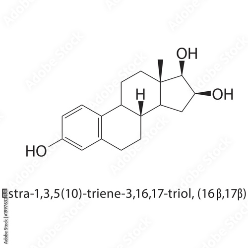 Estra-1,3,5(10)-triene 3,16,17-triol (16β,17β) skeletal structure. estrogen compound schematic illustration. Simple diagram, chemical formula.
