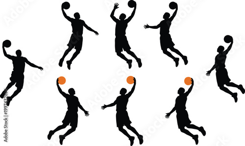 Basketball player silhouettes set with dunk jump poses and ball action sport vector collection