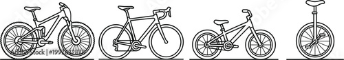 Bicycle Types Outline Vector Set Including Mountain Bike Road Bike Kids Bike and Unicycle