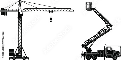 Construction crane and boom lift truck silhouettes set with heavy equipment industrial lifting machines vector