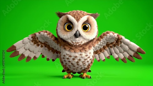 A Curious Cartoon Barn Owl Character With Big Expressive Eyes Stands With Wings Spread Wide Against A Vibrant Green Screen