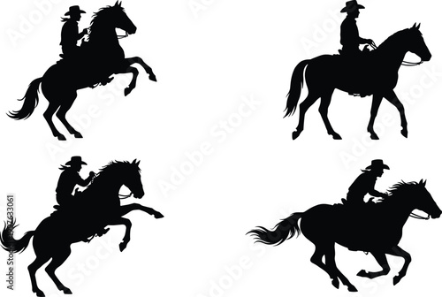 Cowboy riding horse silhouettes set with western rider poses galloping and rearing equestrian vector collection