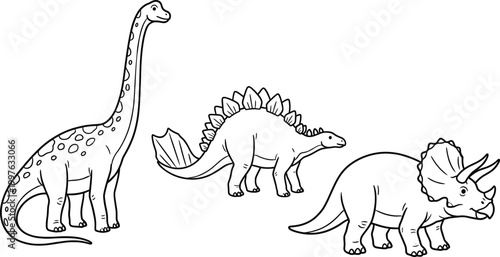 Cute dinosaur outline set with brachiosaurus stegosaurus and triceratops cartoon vector illustration for kids coloring book educational prehistoric animals collection