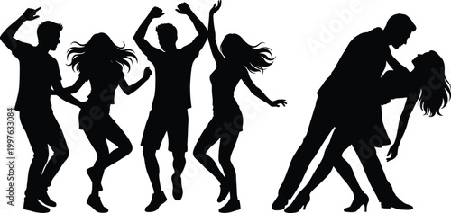 Dancing people silhouettes set with energetic party poses and romantic couple dance isolated vector illustration