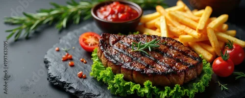 Panel kuchenny z motywem Juicy grilled steak served with crispy french fries and fresh tomatoes. A delicious meat dish on a dark slate plate with lettuce and rosemary garnish. Perfect for restaurant menus and food blogs.