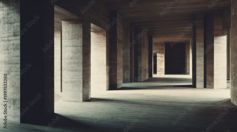 Fototapeta premium Modern architecture featuring a long hall with harsh concrete textures, creating a striking play of light and shadow, defining a desolate, minimalist perspective suitable for conceptual themes