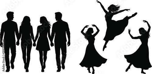 People silhouettes walking couples and dancing women set with elegant poses isolated vector illustration