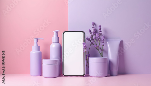 Purple beauty products and smartphone mockup styled with lavender flowers on pastel pink and violet background. Minimalistic cosmetic collection display for feminine branding or app presentation.
