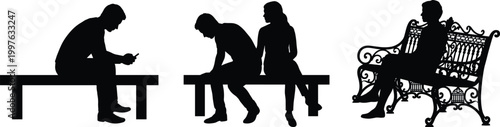 People sitting on benches silhouettes set with smartphone use and social interaction isolated vector illustration