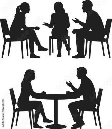 People talking silhouettes set with group discussion and couple conversation at table isolated vector illustration