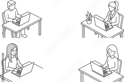 People Working on Laptop at Desk Outline Illustration Set for Business and Remote Work Concept